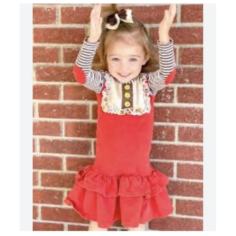 Persnickety red and brown long-sleeve fall ruffle dress